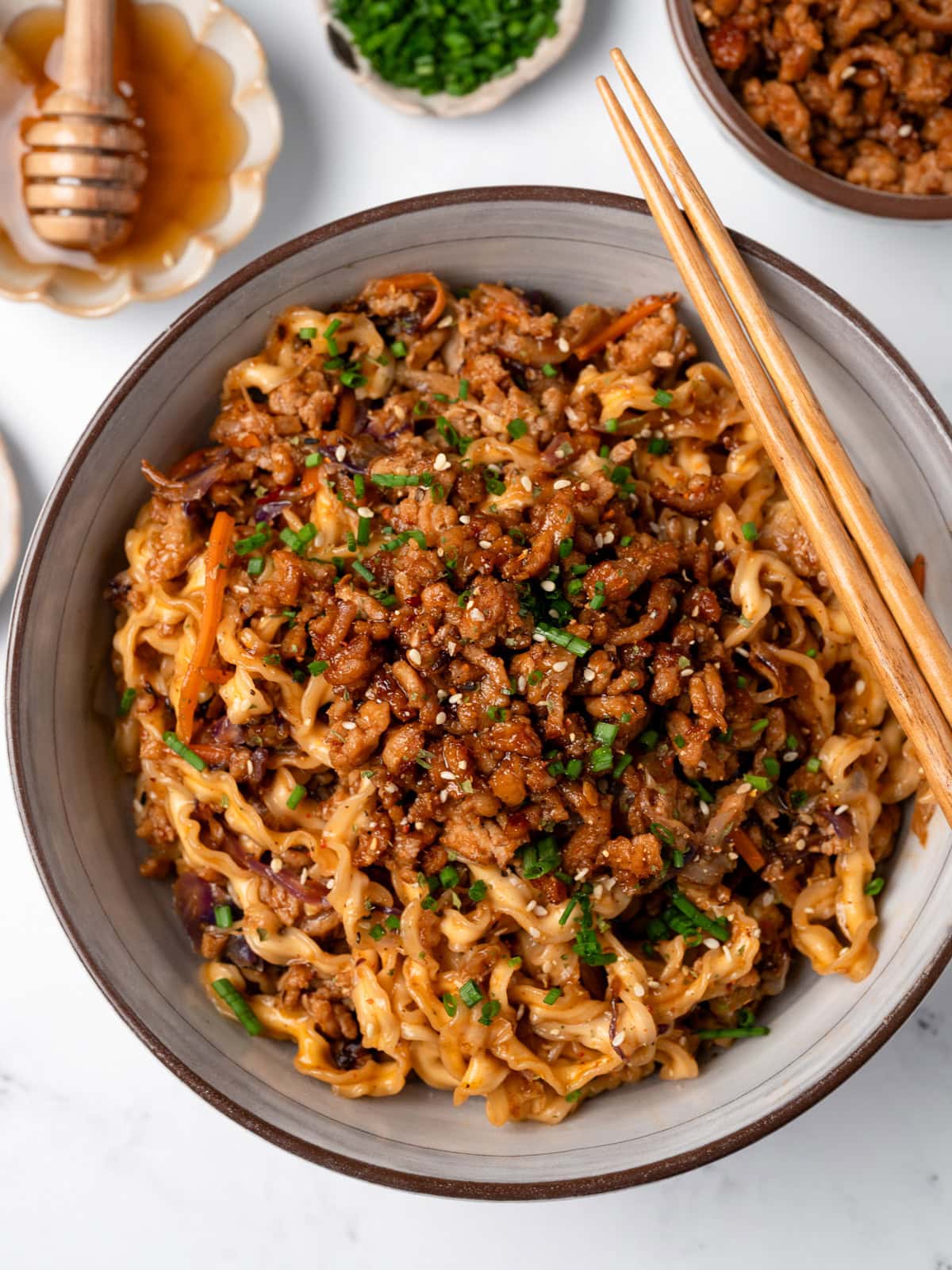 Sticky Honey Garlic Chicken Noodles with Crisped Slaw