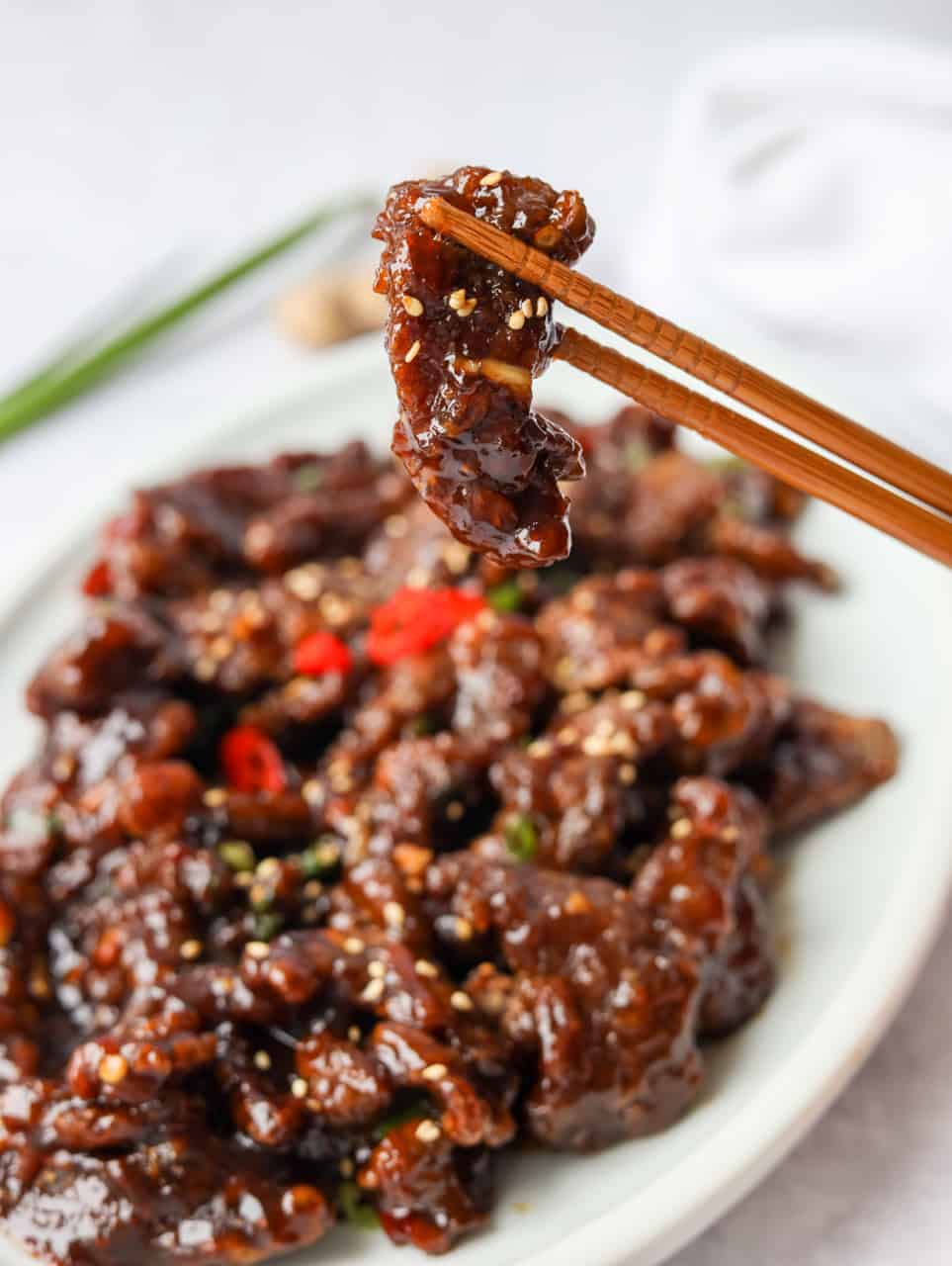 Mongolian Beef with Crispy Cornstarch Coating and Sticky Hoisin Sauce