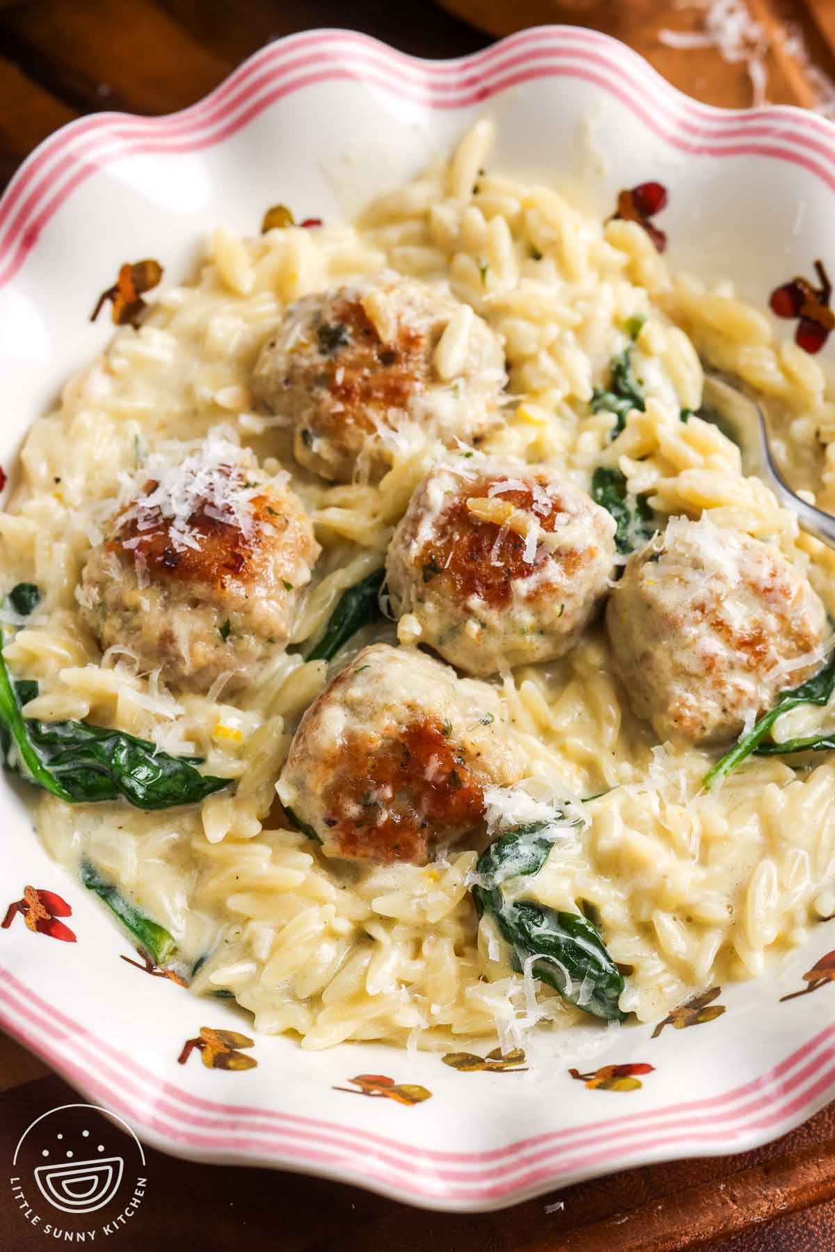 One Pan Lemon Chicken Meatballs and Orzo with Creamy Parmesan Spinach