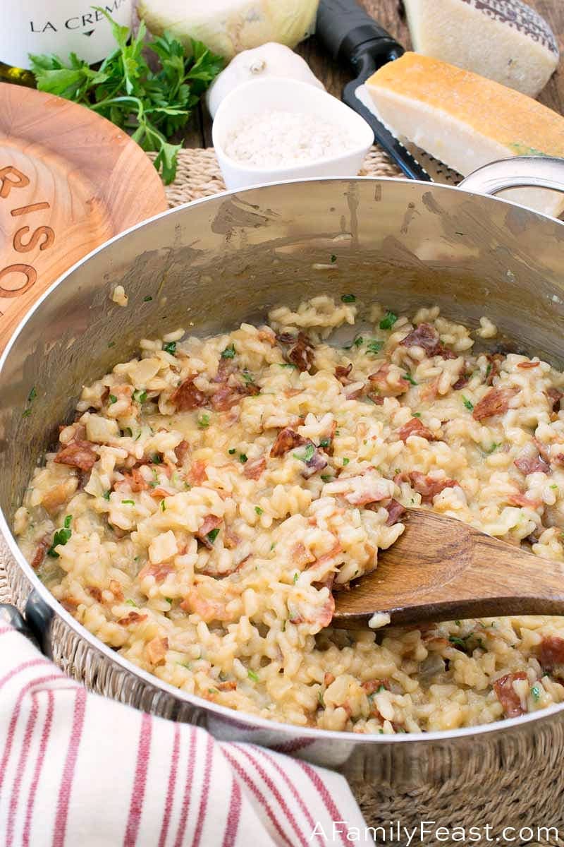 Risotto Carbonara with Smoky Bacon, Genoa Salami, and Creamy Arborio Rice