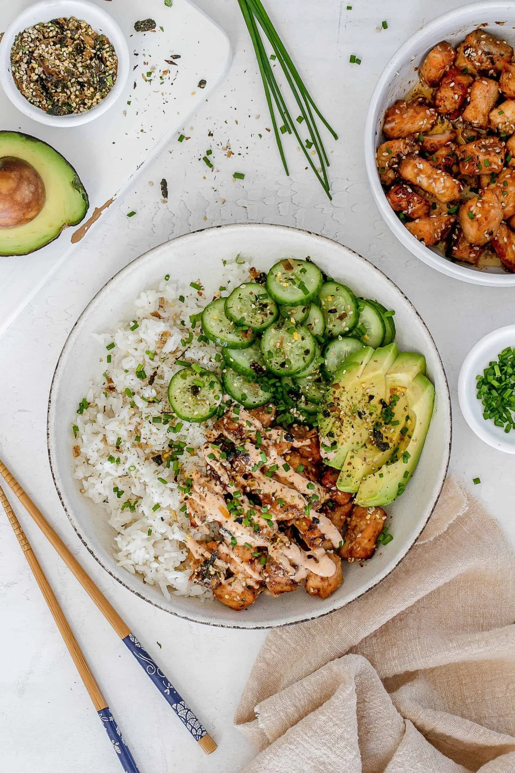 Spicy Salmon Bowls with Coconut Rice and Quick-Pickled Cucumber