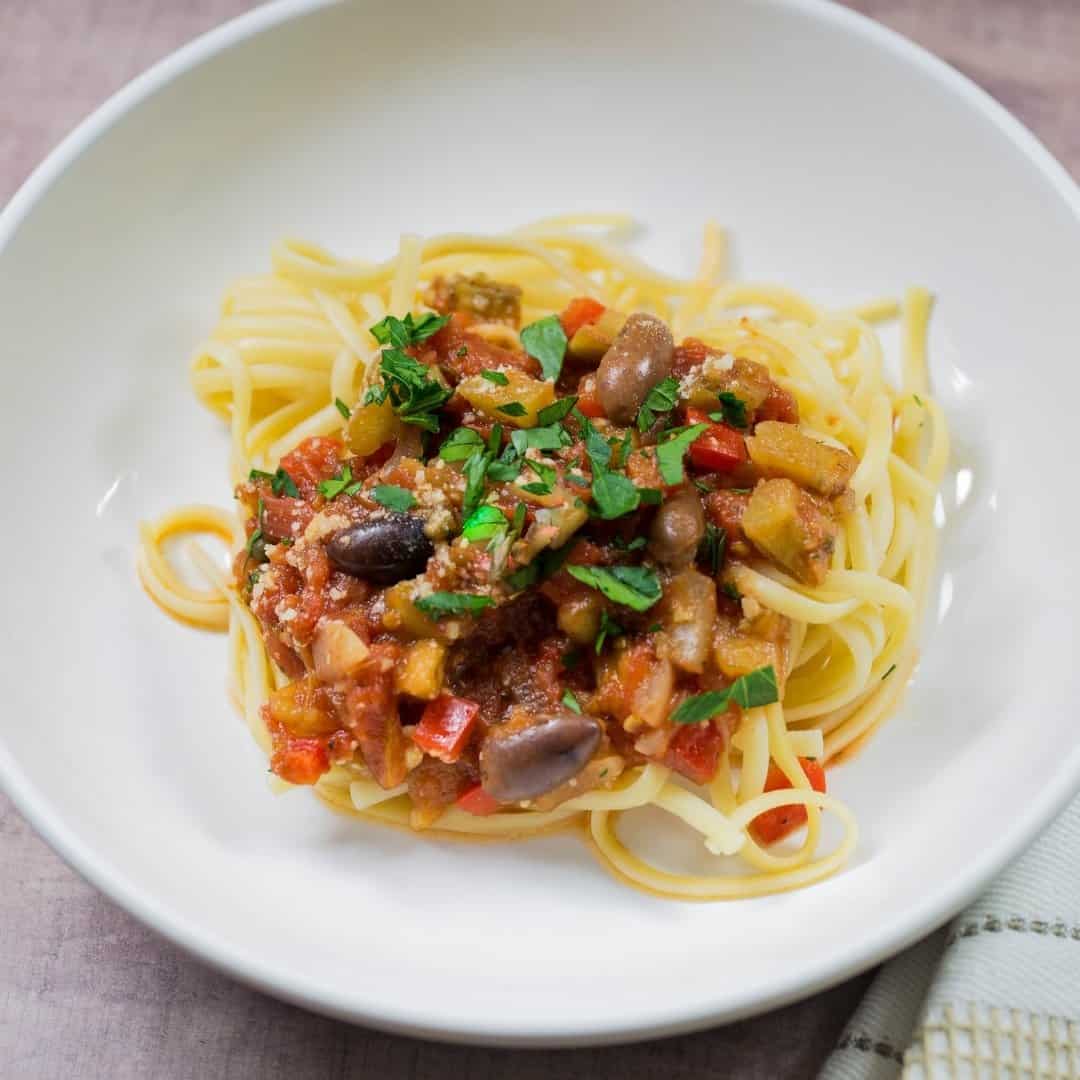 Mediterranean Eggplant Pasta Sauce with Tomatoes, Olives, and Capers