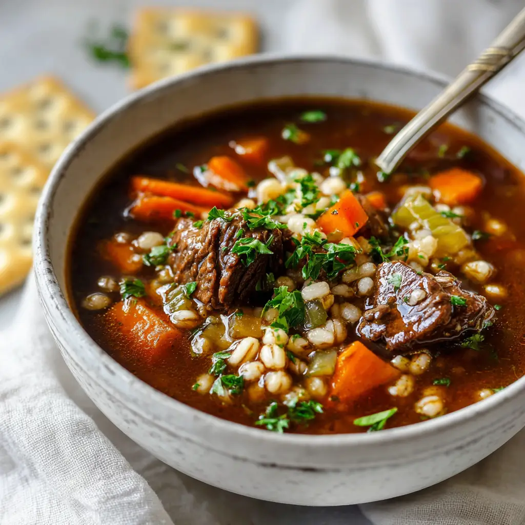 Beef Barley Vegetable Soup with Chuck Roast and Pearl Barley