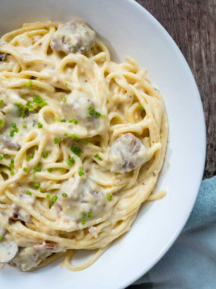 German Spaghetti with Bratwurst, Bacon, and Creamy Cheddar Sauce