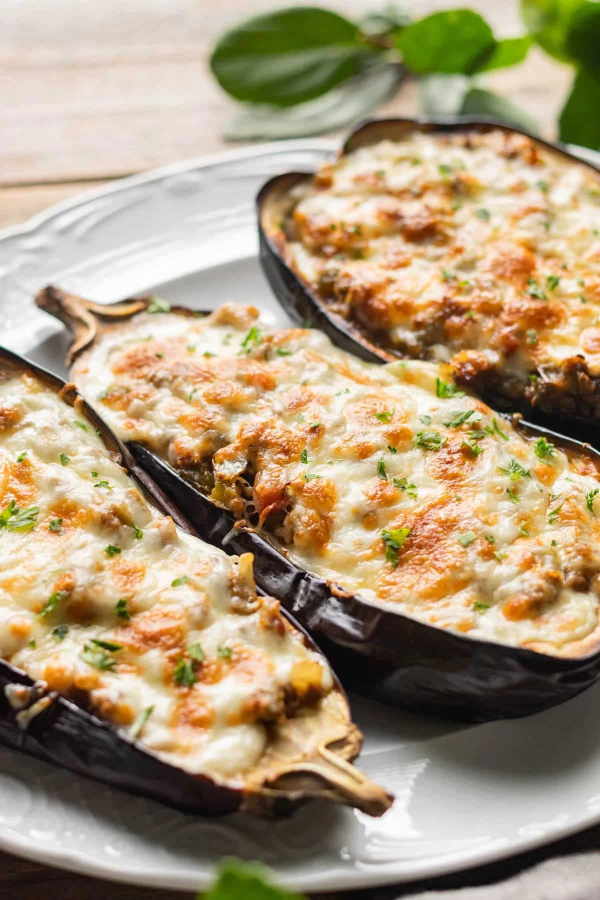 Spanish Stuffed Eggplant with Ground Beef and Browned Mozzarella
