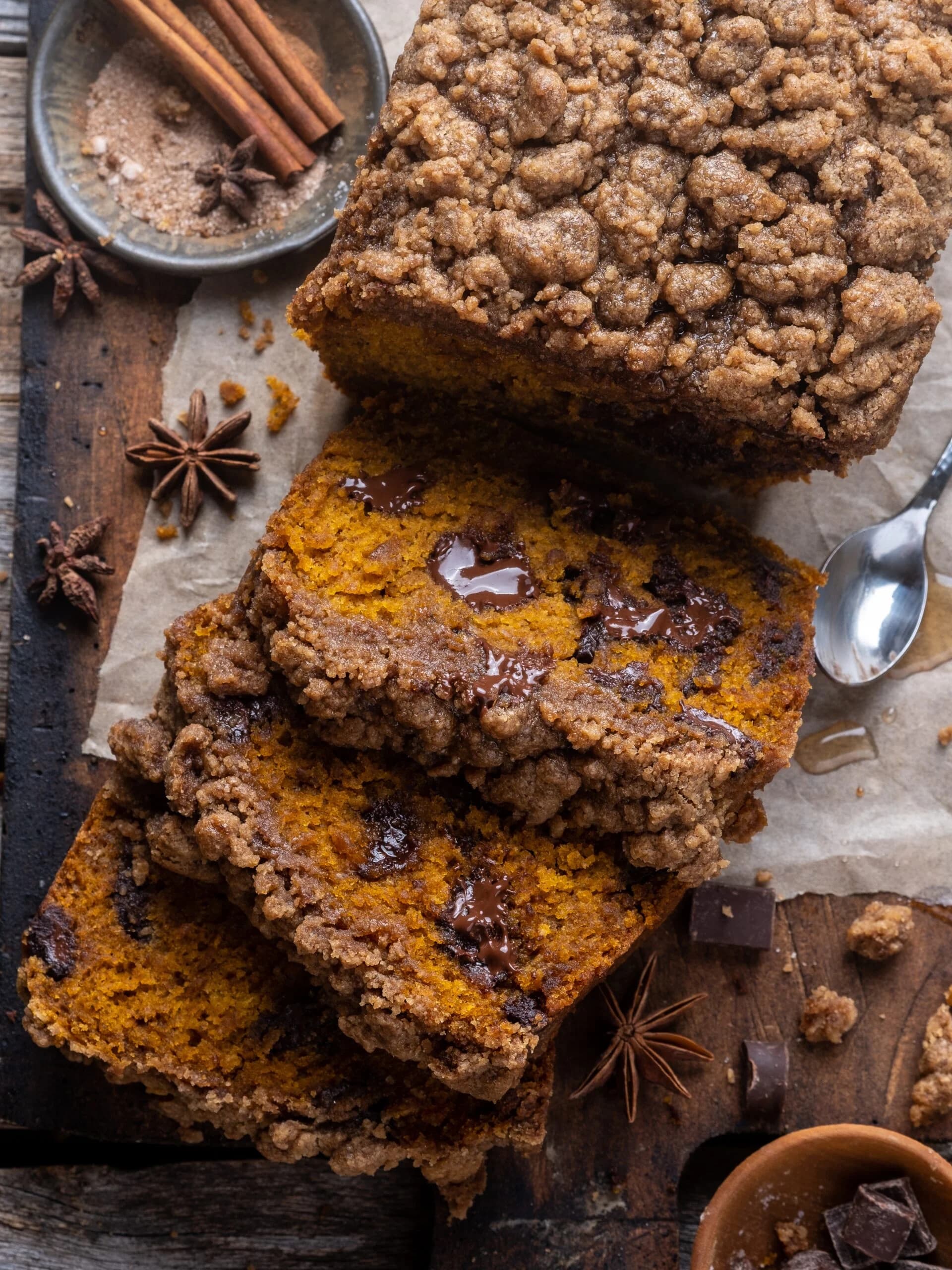 Pumpkin Chocolate Chip Streusel Bread with Crunchy Cinnamon Topping