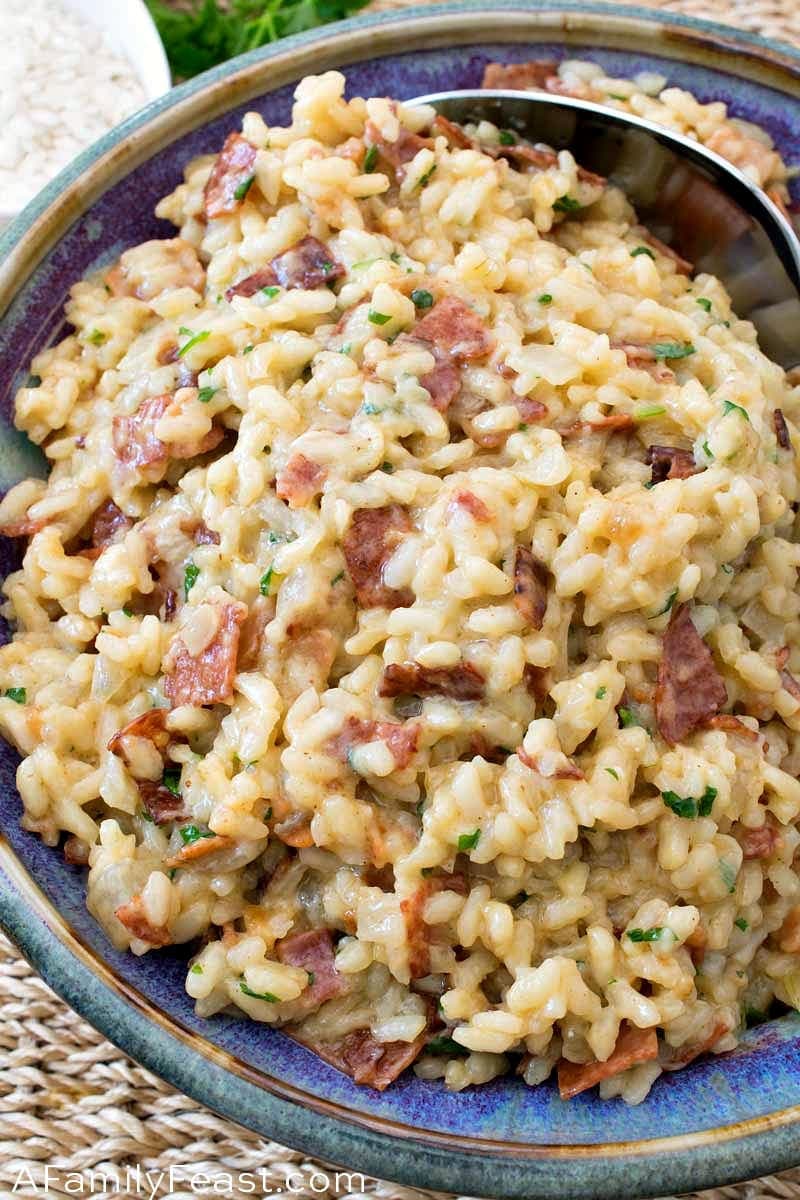 Risotto Carbonara with Smoky Bacon, Genoa Salami, and Creamy Arborio Rice