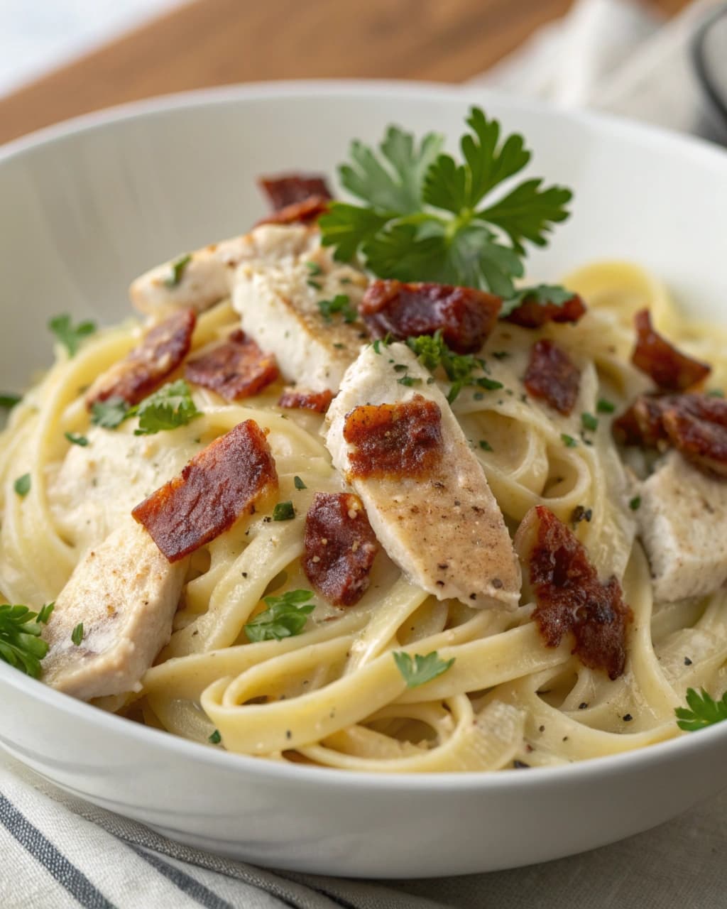 Chicken Carbonara with Crispy Turkey Bacon and Silky Parmesan Sauce