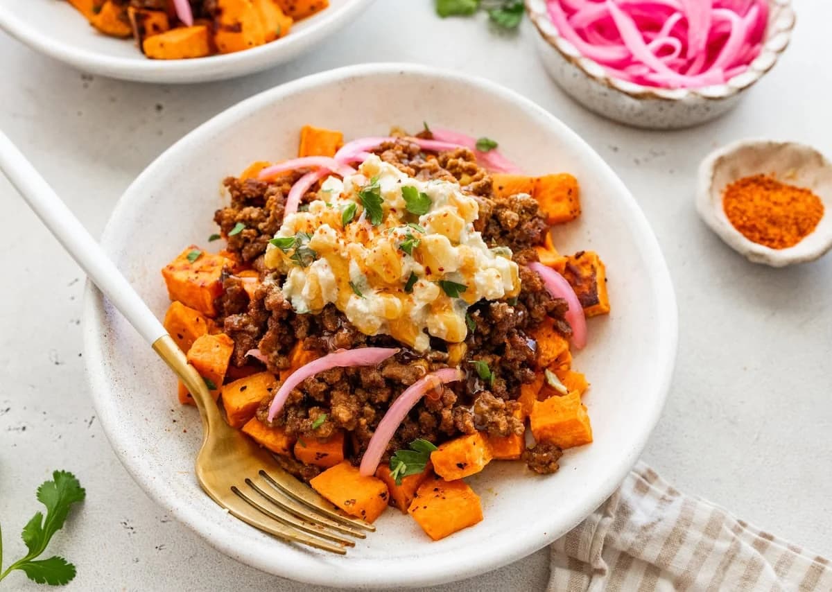 Mexican Street Corn Sweet Potato Beef Bowl with Creamy Corn Topping