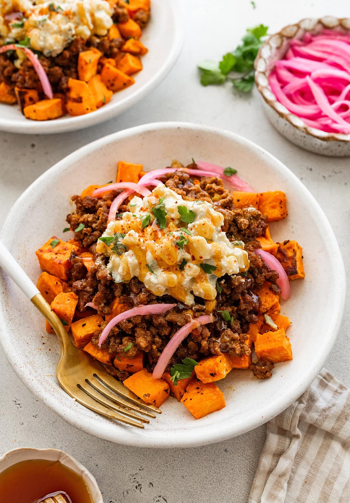 Mexican Street Corn Sweet Potato Beef Bowl with Creamy Corn Topping