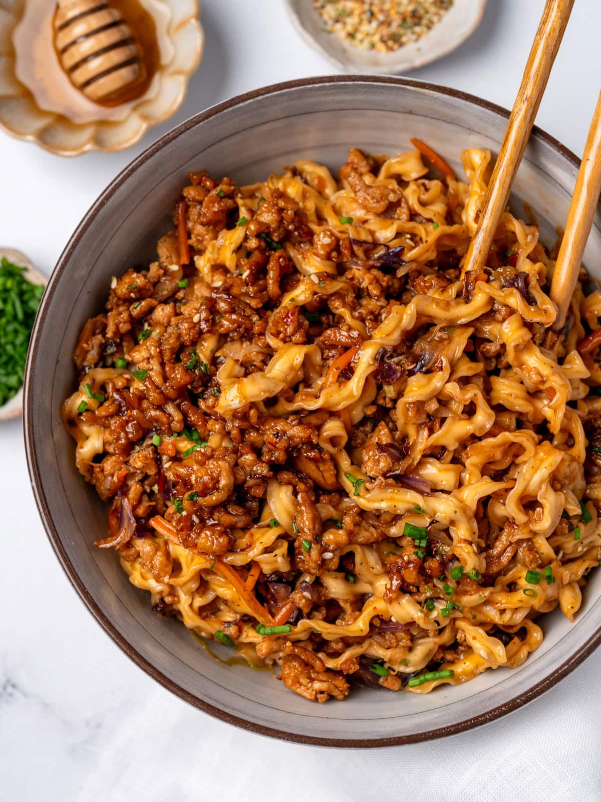 Sticky Honey Garlic Chicken Noodles with Crisped Slaw
