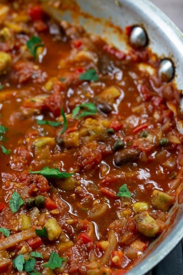 Mediterranean Eggplant Pasta Sauce with Tomatoes, Olives, and Capers