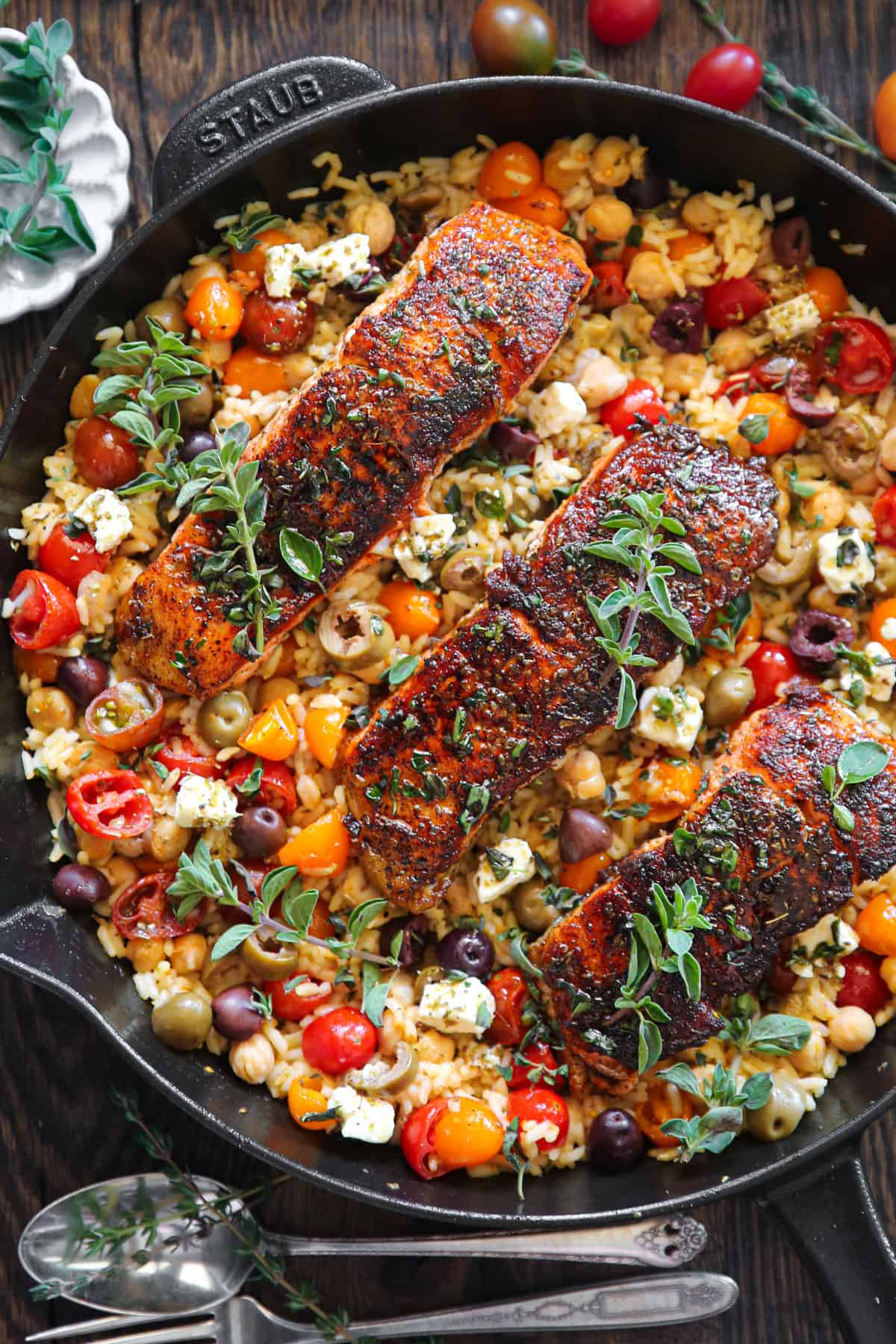Mediterranean Salmon with Lemon Chickpea Rice and Feta