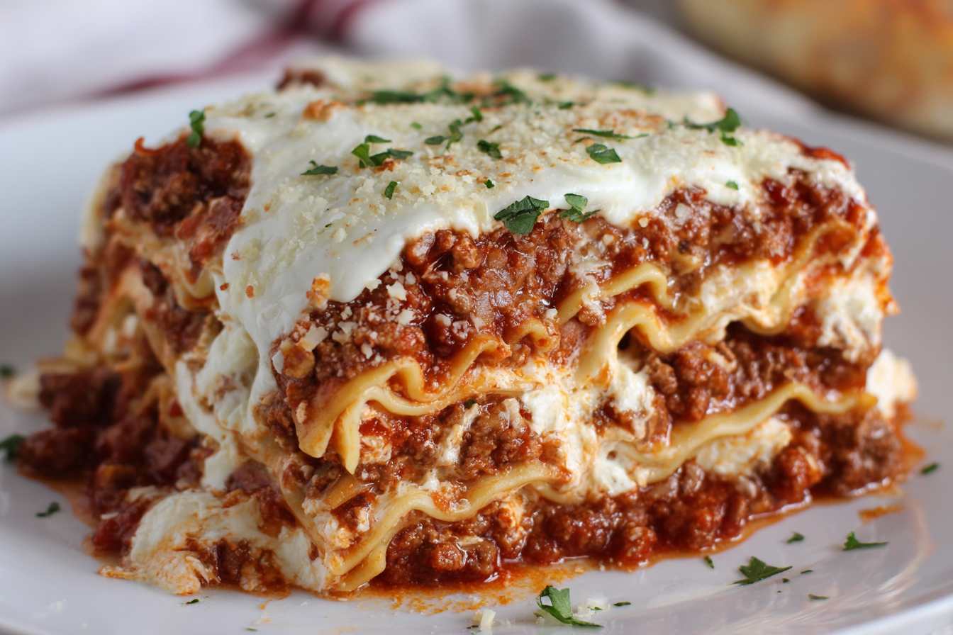 Easy Beef Lasagna with Creamy Ricotta and Golden Mozzarella