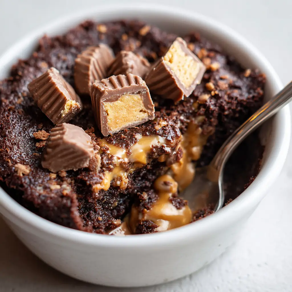 Fudgy Peanut Butter Cup Dump Cake with Dark Chocolate Swirls