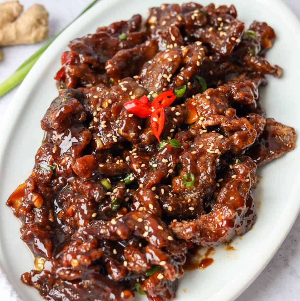 Mongolian Beef with Crispy Cornstarch Coating and Sticky Hoisin Sauce