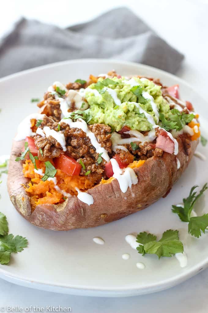 Taco Stuffed Sweet Potatoes with Thick Ground Beef Salsa Filling