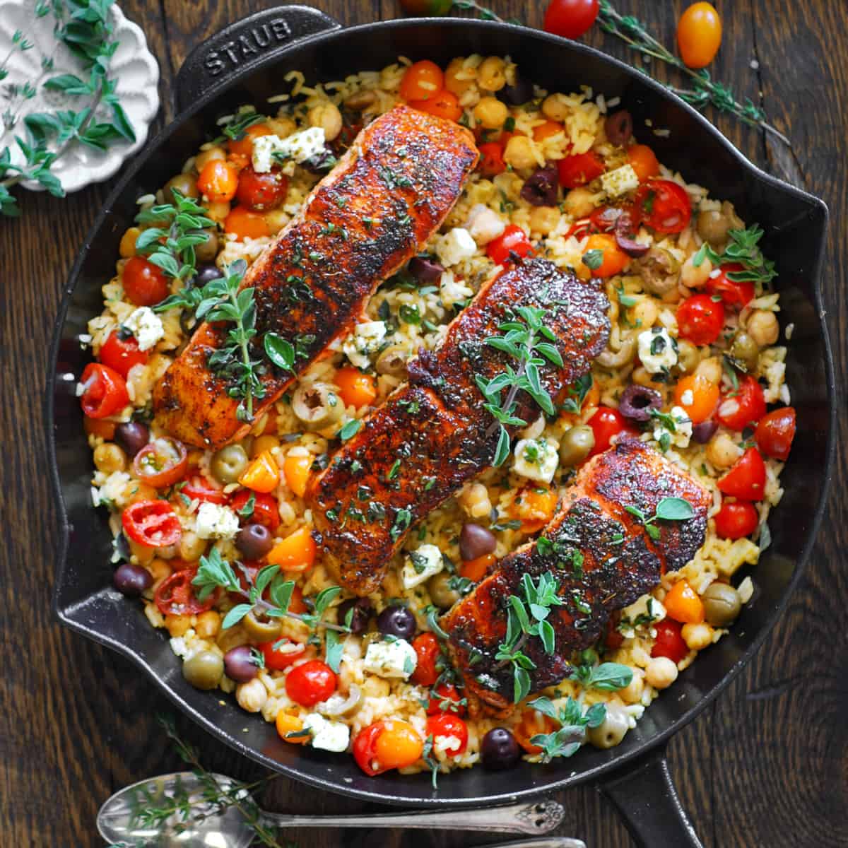 Mediterranean Salmon with Lemon Chickpea Rice and Feta