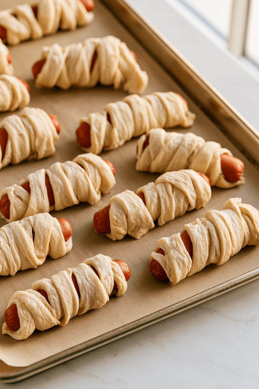 Halloween Mummy Hot Dogs with Flaky Crescent Roll Wrapping