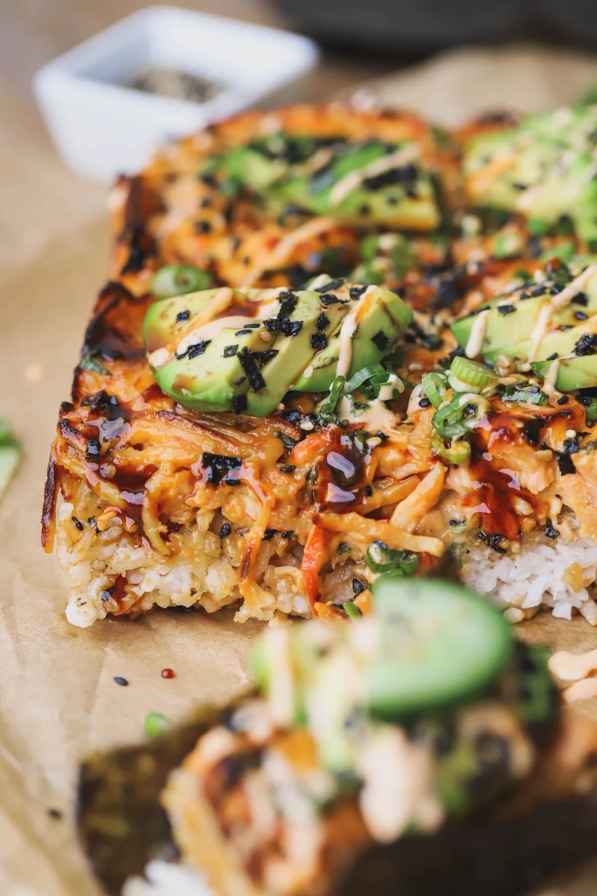 Salmon Sushi Bake with Creamy Spicy Salmon and Crispy Nori