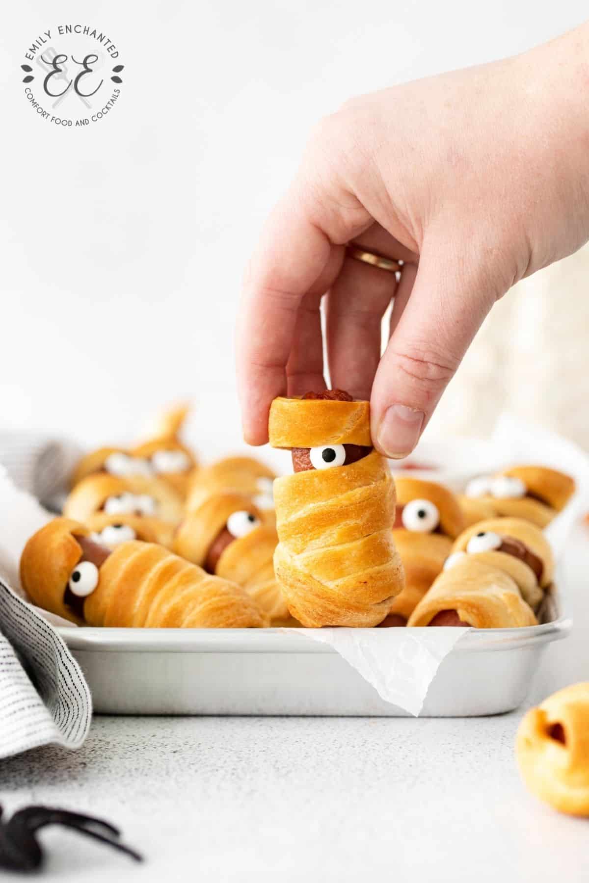 Mummy Pigs in a Blanket with Golden Crescent Roll Wraps