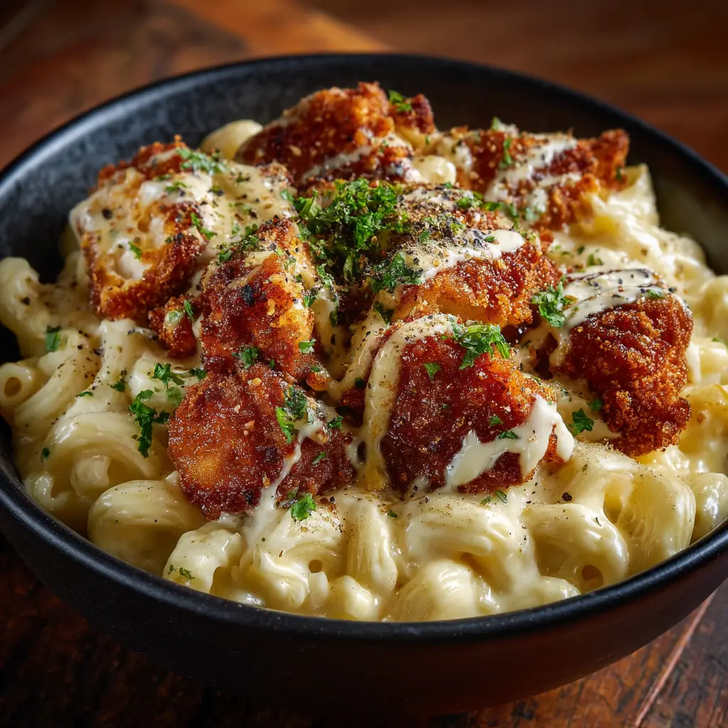 Honey Pepper Chicken Mac and Cheese with Cheddar and Gruyère