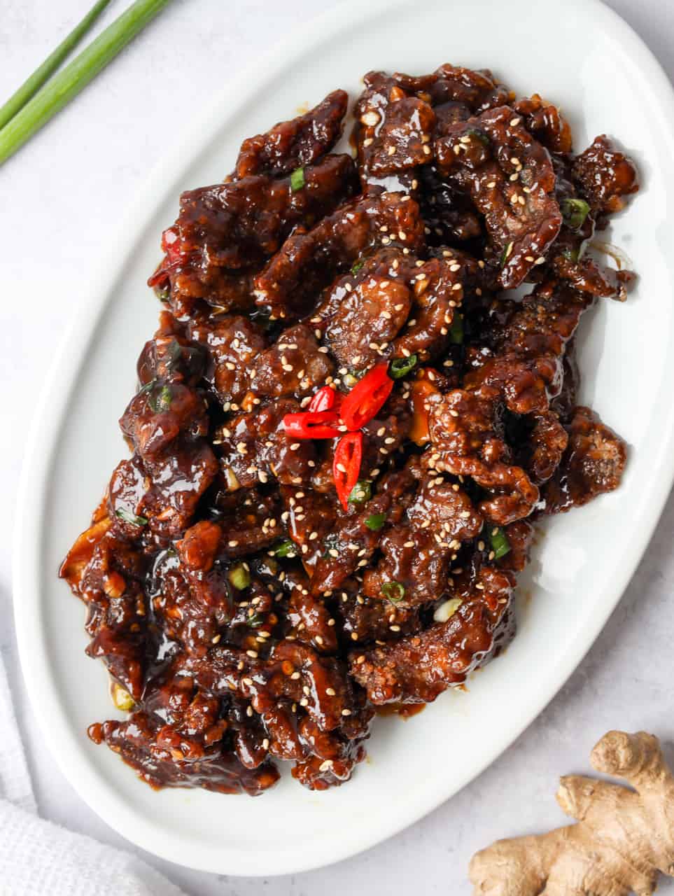Mongolian Beef with Crispy Cornstarch Coating and Sticky Hoisin Sauce